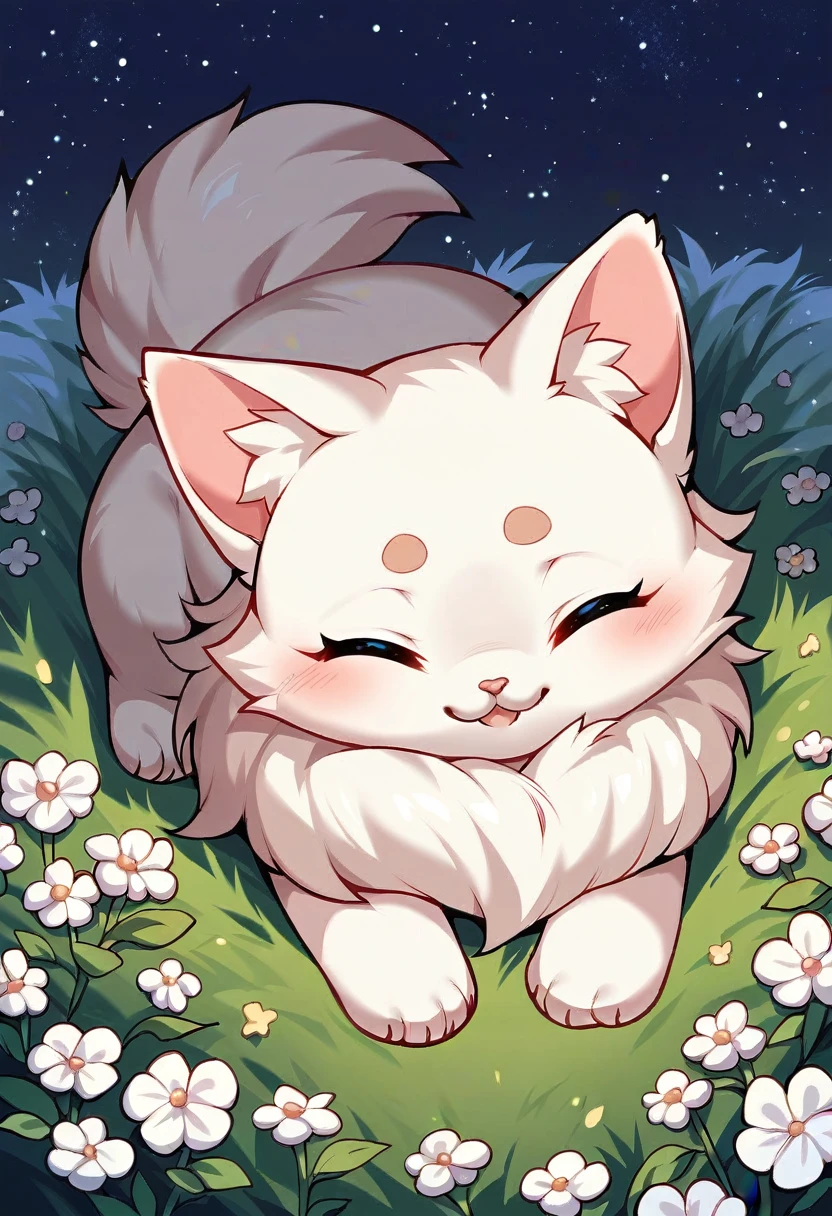 Cute white cat、Fluffy、Sleeping in a flower field、Starry sky in the background、Fantasy art、１６：９、Digital Art