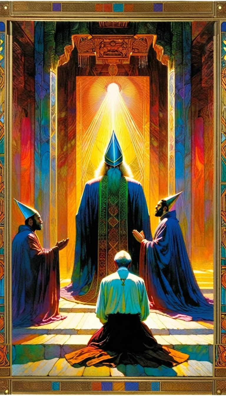 ((tarot card)) ((card frame)) , the high priest,men pray kneeling before the priest in a great temple, artwork artwork by Bill Sienkiewicz, vivid colors, intricate details, oil.
