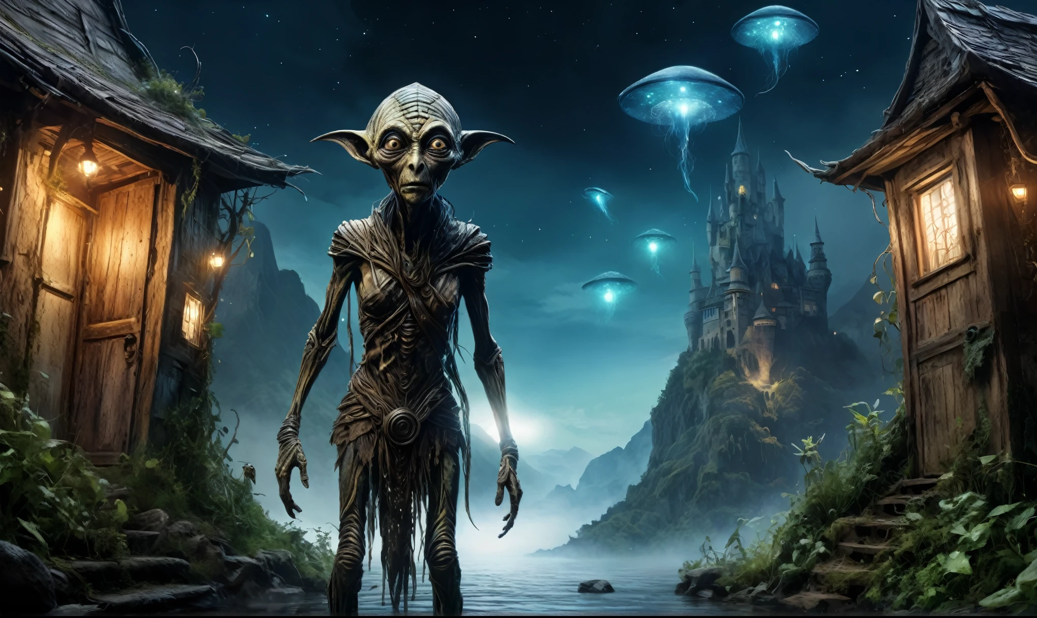 full body length shot,very beggar niobium mummy of Alien Entity,native britain half Puck, wants eat,survival,fairyland, Medieval castle ,Cinematic,soft colors, Technicolor,natural skin textures, hyper realism, hyper detailed,Extremely detailed,High contrast,Masterpiece,Realistic,Ultra Detailed, intricate details,realistic humid leather,extremly intricate,Epic Realistic, cinematic style, irina yermolova,high contrast,hdr,extremely detailed, deep night landscape,masterpiece, intricate details, eyes extremely detailed, high detailed eyes,8k resolution,retina, Nikon Z9,Norsemade,Li River ,perfect, Elf,transition between two art styles, Double contact, X-ray, Creative, vivid light, fantasy Abstract, Surrealism, super detailed, high resolution, traps against fairies between houses in air,insanity wear