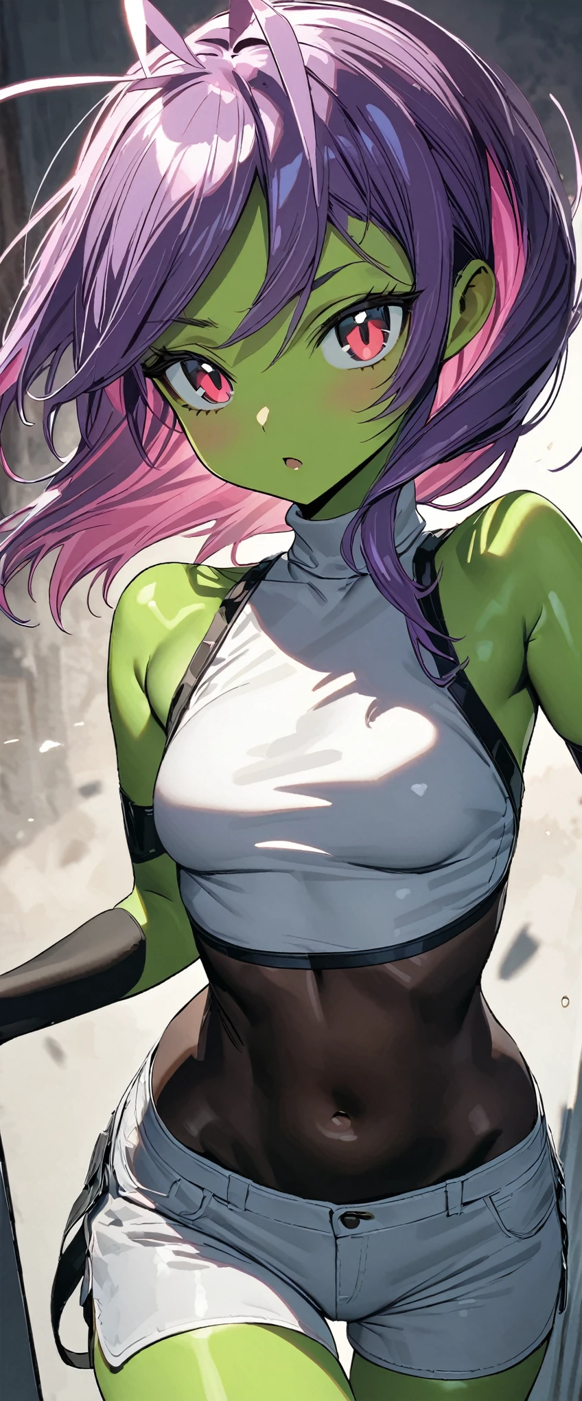 tilts head, Front view: 1.2)) masterpieces, 8k, ultra HD, alien girl, green skin color, black and yellow eyes, macheless crop top, white turtleneck, white mini shorts, green antenna, purple hair dark and pink highlights 