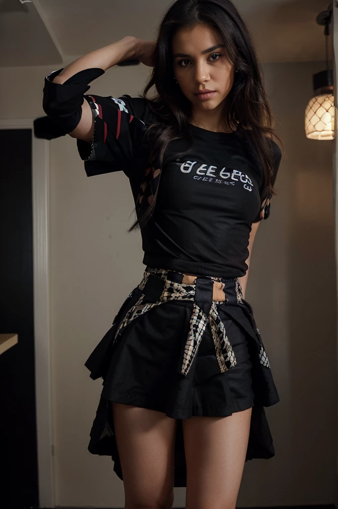 A beautiful with brown eyes and split hair, (((wearing checkered skirt and black t-shirt:1.4))), posing in the apartment. flirting, sexy, liberated. apartment view. Ultra high resolution, (photorealistic: 1.4), high resolution, (brown eyes), (finely detailed skin), (perfect proportions) (photo realistic) (masterpiece) (photorealistic), ultrarealistic (Best Quality) (Detailed) photographed in a Canon EOS R5, 50mm Lens, F/2.8, (8K) (Wallpaper) (Natural Lighting) (Convoluted) Fashion