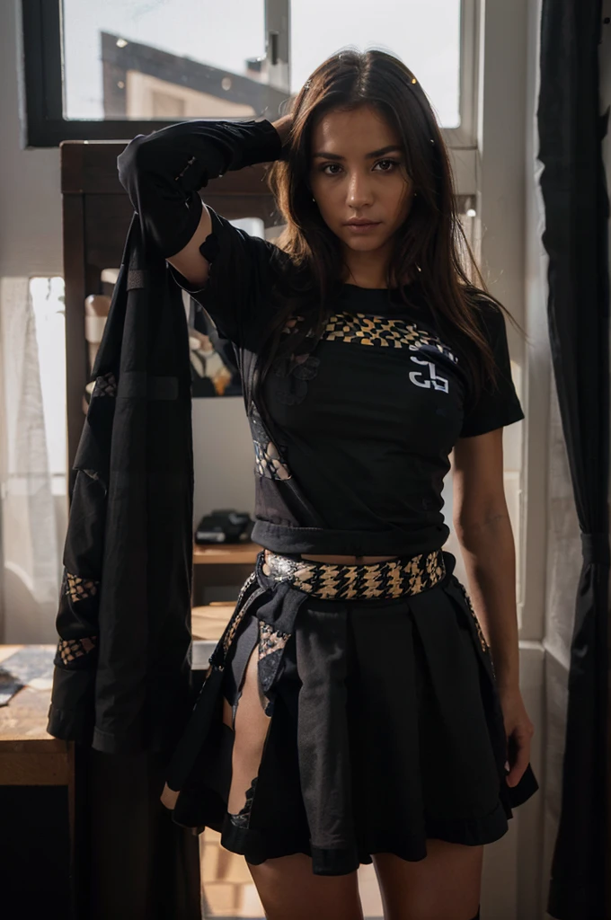 A beautiful with brown eyes and split hair, (((wearing checkered skirt and black t-shirt:1.4))), posing in the apartment. flirting, sexy, liberated. apartment view. Ultra high resolution, (photorealistic: 1.4), high resolution, (brown eyes), (finely detailed skin), (perfect proportions) (photo realistic) (masterpiece) (photorealistic), ultrarealistic (Best Quality) (Detailed) photographed in a Canon EOS R5, 50mm Lens, F/2.8, (8K) (Wallpaper) (Natural Lighting) (Convoluted) Fashion