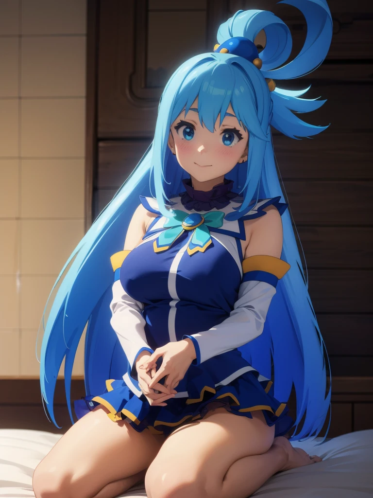 Best Image Quality, 8 k, high quality, masterpiece:1.2), ((masterpiece)), (high detail, high quality, Best Image Quality), solo, 1 girl, Konosuba ,aqua, detailed face, exhilaration, beautiful smile, looks at the viewer, detailed clothing, detailed fabric, Hair rings, bunny suit, false rabbit ears, big breasts, middle thighs, Bedroom, Bed, kneeling on the bed,