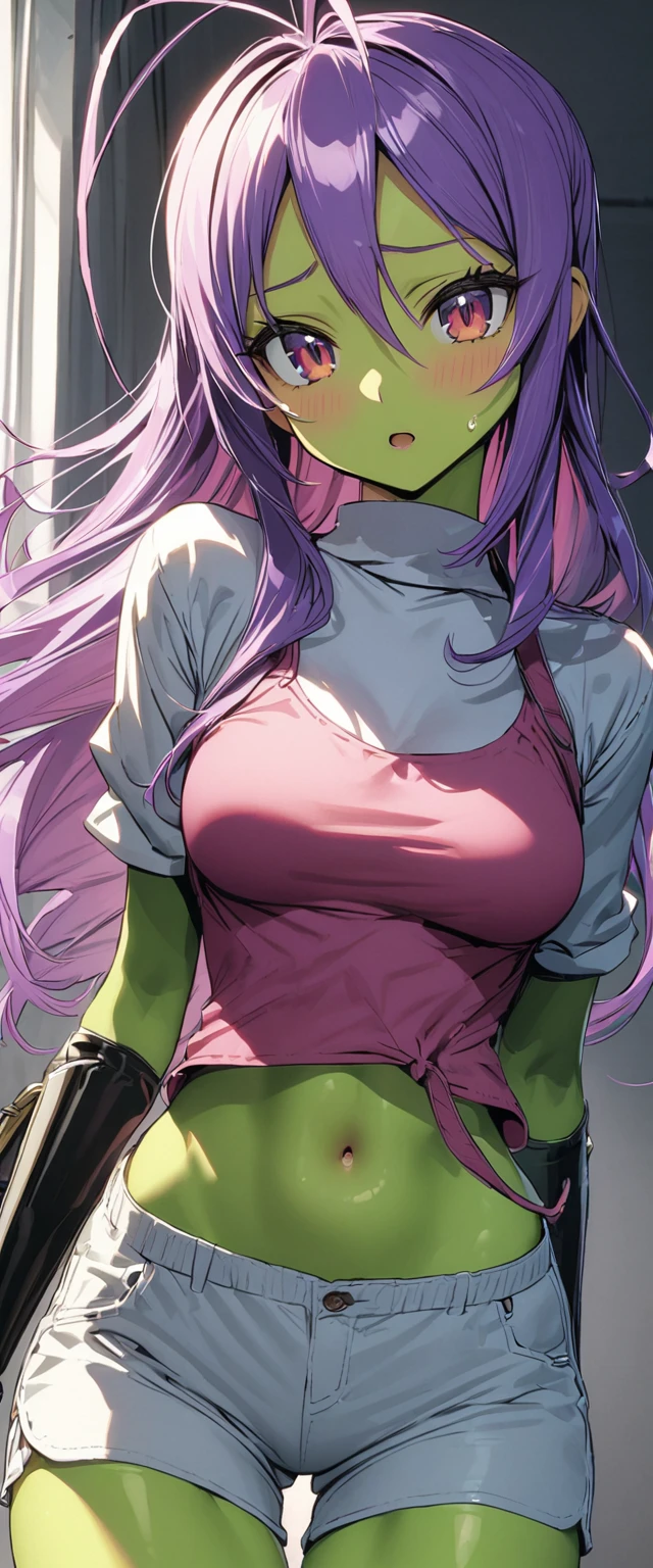 tilts head, Front view: 1.2)) masterpieces, 8k, ultra HD, alien girl, green skin color, black and eyes, macheless crop top, white turtleneck, white mini shorts, green antenna, purple hair dark and pink highlights