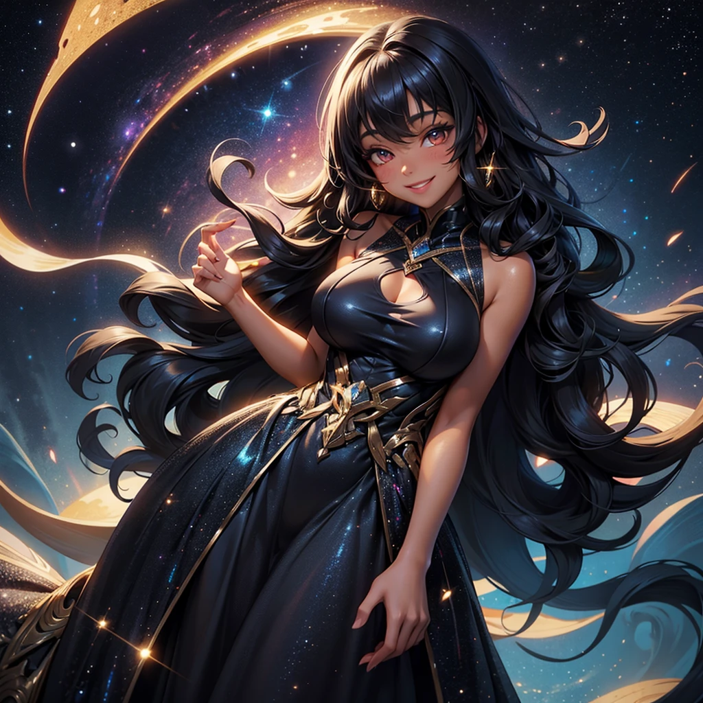 Woman with very long wavy big breast and black hair tan skin wearing a beautiful glitter dress and smiling up. Little, surrounded by the night sky and galaxies