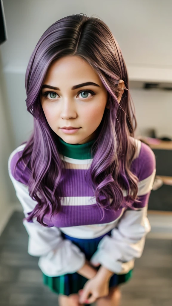 a young girl, big green eyes, round face, small nose, big lips, long purple hair, long eyelashes, pale skin, red cheeks, split chin, Green plaid skirt, long-sleeved white blouse, high socks, school shoes, in class room, in school, more students in class room, naughty face, f/16, Canon, from below, Fujicolor, ray tracing, from above, social media composition, 16k, 8k, highres, best quality, award winning, high quality, high details, super detail, textured skin, anatomically correct, masterpiece, accurate