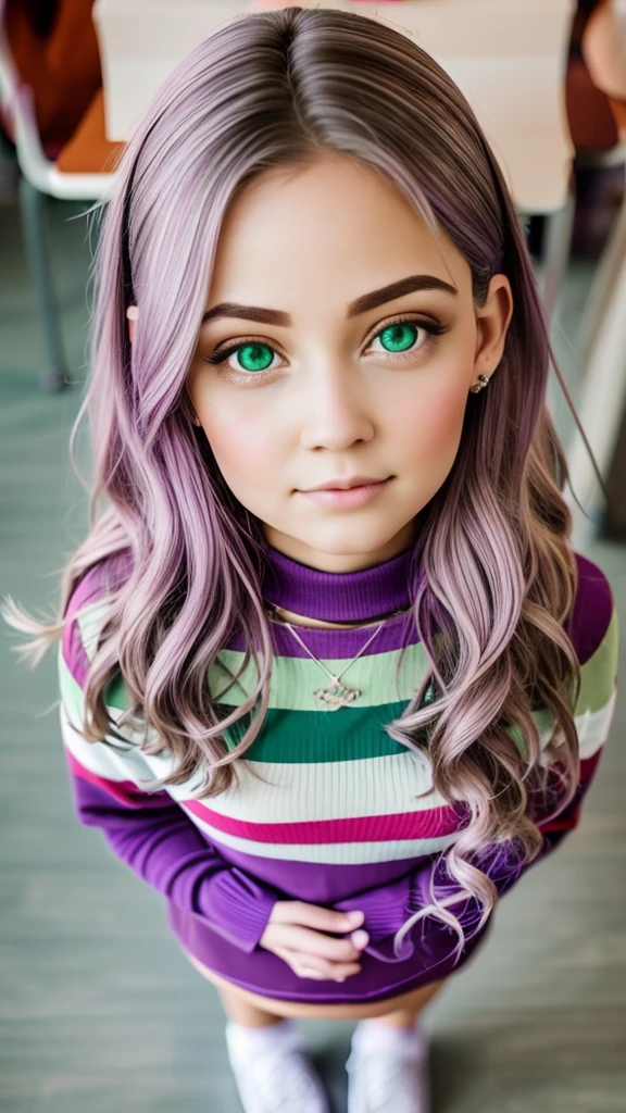 a young girl, big green eyes, round face, small nose, big lips, long purple hair, long eyelashes, pale skin, red cheeks, split chin, Green plaid skirt, long-sleeved white blouse, high socks, school shoes, in class room, in school, more students in class room, naughty face, f/16, Canon, from below, Fujicolor, ray tracing, from above, social media composition, 16k, 8k, highres, best quality, award winning, high quality, high details, super detail, textured skin, anatomically correct, masterpiece, accurate