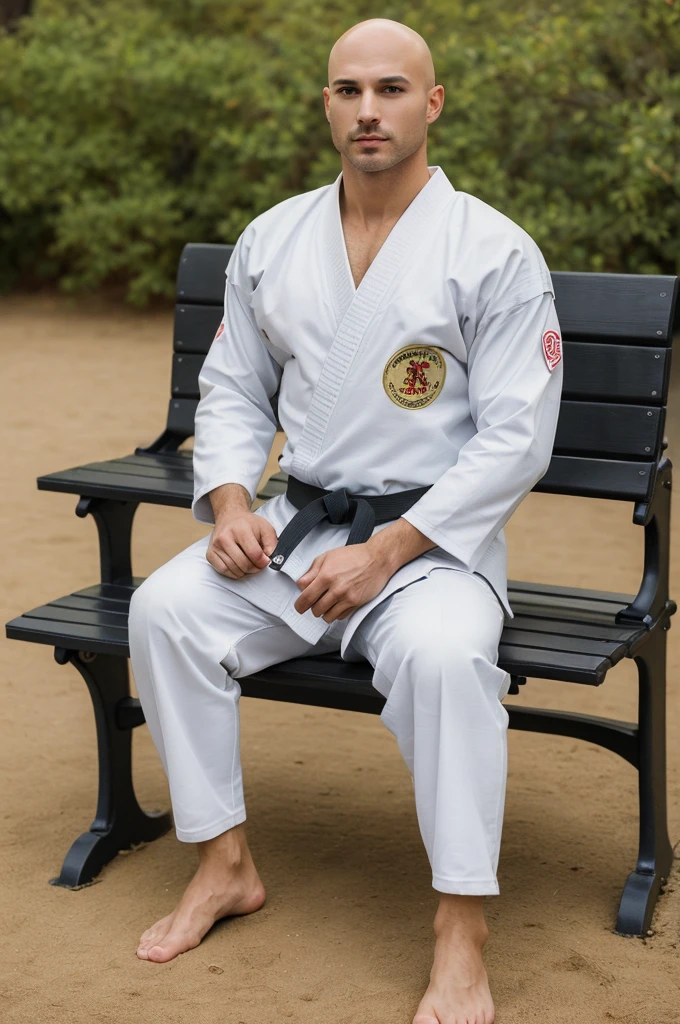 ((8k ((best quality)), ((masterpiece)), (very detailed), real face bald male muscular male full body wear karate suit sit on bench