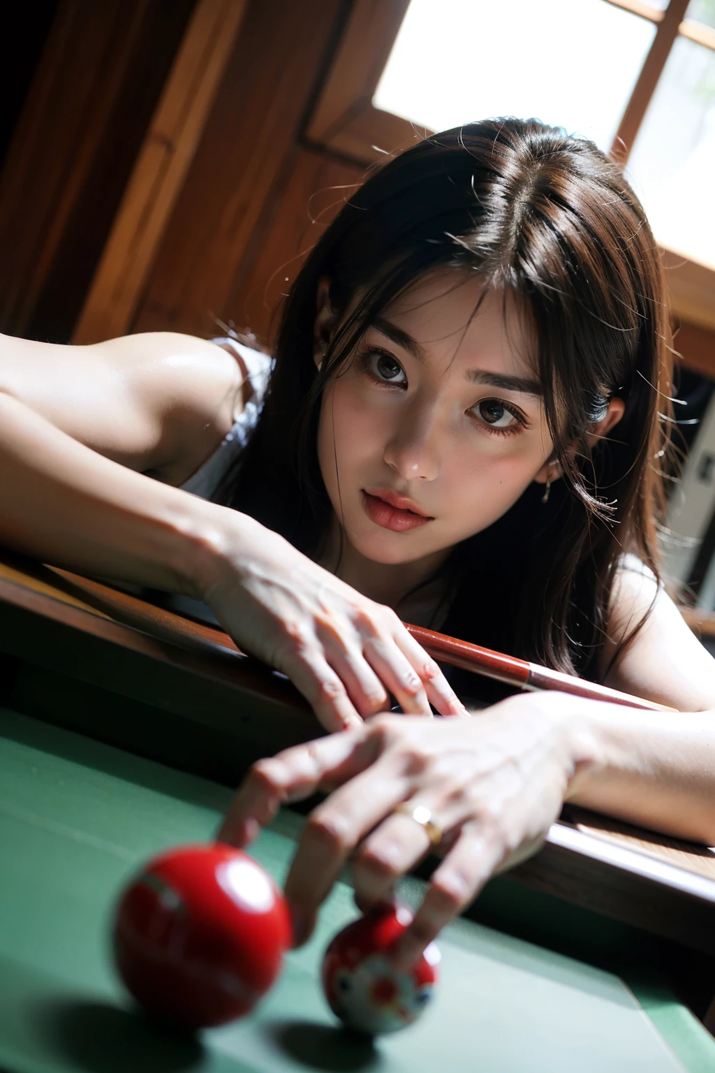 ((best quality)), ((masterpiece)), (detailed), girl,Playing billiards
