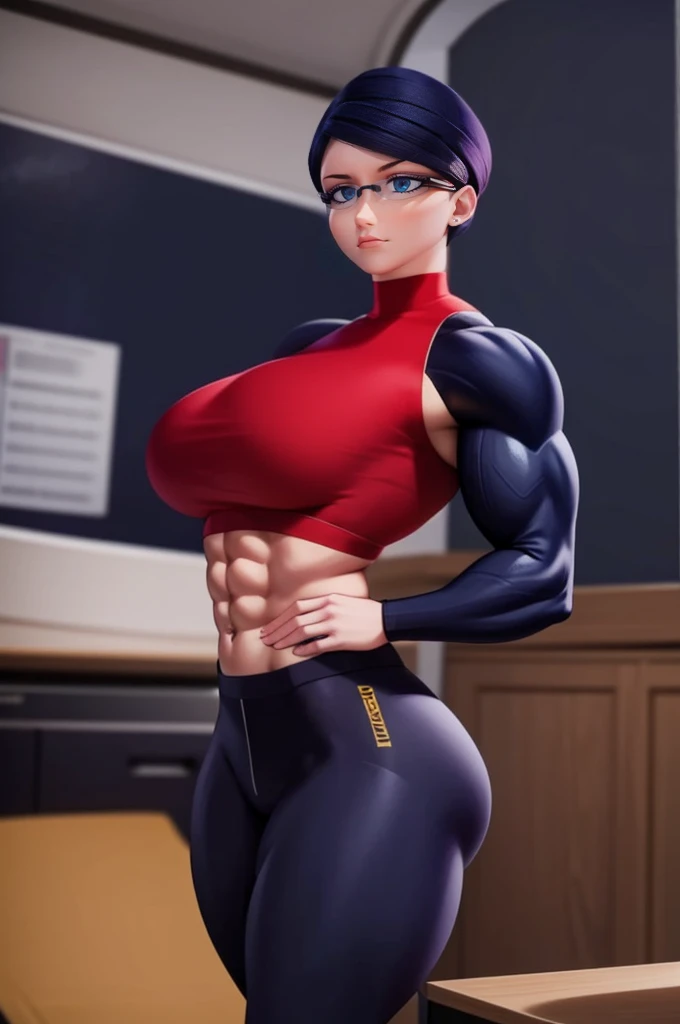 a muscular female bodybuilder in red bra inside office suit and her hair is dark blue, and a bit red from end to the left side of head, detailed face, beautiful detailed eyes, beautiful detailed lips, extremely detailed face and muscles, long eyelashes, strong muscles bulging through suit, dynamic pose, professional studio lighting, hyperrealistic, 8k, high quality, photorealistic, physically-based rendering, concept art, dramatic color palette,((abs)).