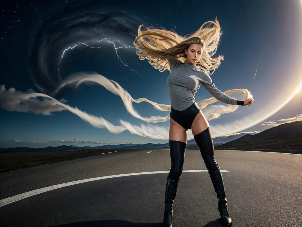masterpiece, best quality, agrias, grey sweater, black leotard, twirl, spin, blonde hair, superhero, boots, tornado, whirlwind, solo, bare legs, whirl, wind effects, spinning into a tornado, fast spin, stand, time travel, travelling through time, highleg, perfect hands, perfect fingers, highleg leotard, powering up, tornado swirls