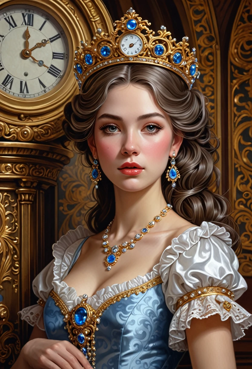 a painting of a woman wearing a tiara next to a clock, a detailed painting by Mark Brooks, cgsociety, fantasy art, detailed painting, rococo, photorealistic