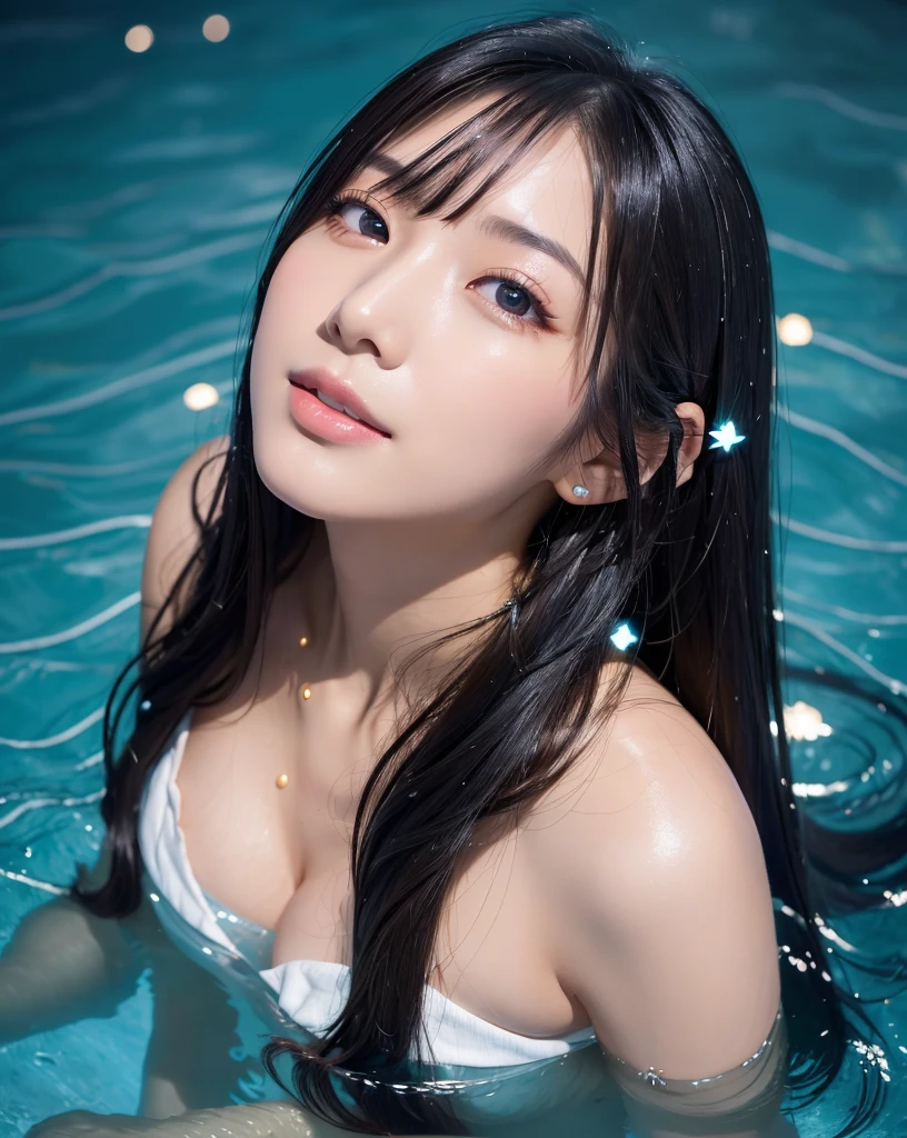 (Highest quality, 32k, High resolution, Masterpiece:1.5, ), marimo_jet, god々A photograph with brilliant dazzling and healing power., Expressing emotions, Have a rich imagination, Beautiful Japanese Girls, An exceptionally beautiful face, Small Face Beauty, Close-up shot, Getting naked in the pool, (Above water level Above chest level:1.3), ((Looking up at the night sky:1.3)), Perfect Human Anatomy, Magical big eyes, Motherhood and generosity, Deep Love, fleeting smile, ((Hair that shines like the starry sky:1.8)), Super Long Straight Silk Hair, Asymmetrical bangs, Hair between the eyes, Transparent, soft white skin, Sharp eyebrows, Thin lashes, Natural Makeup, Cheek highlighter, Pale pink detailed lips, High resolutionの完璧な鎖骨, High resolutionの美しい胸元, Slim figure with ample breasts, blue night, The water surface shines colorfully, illumination, Colorful lights, sparkling light effect, Professional Lighting, Professional photographer, Professional models, god秘的