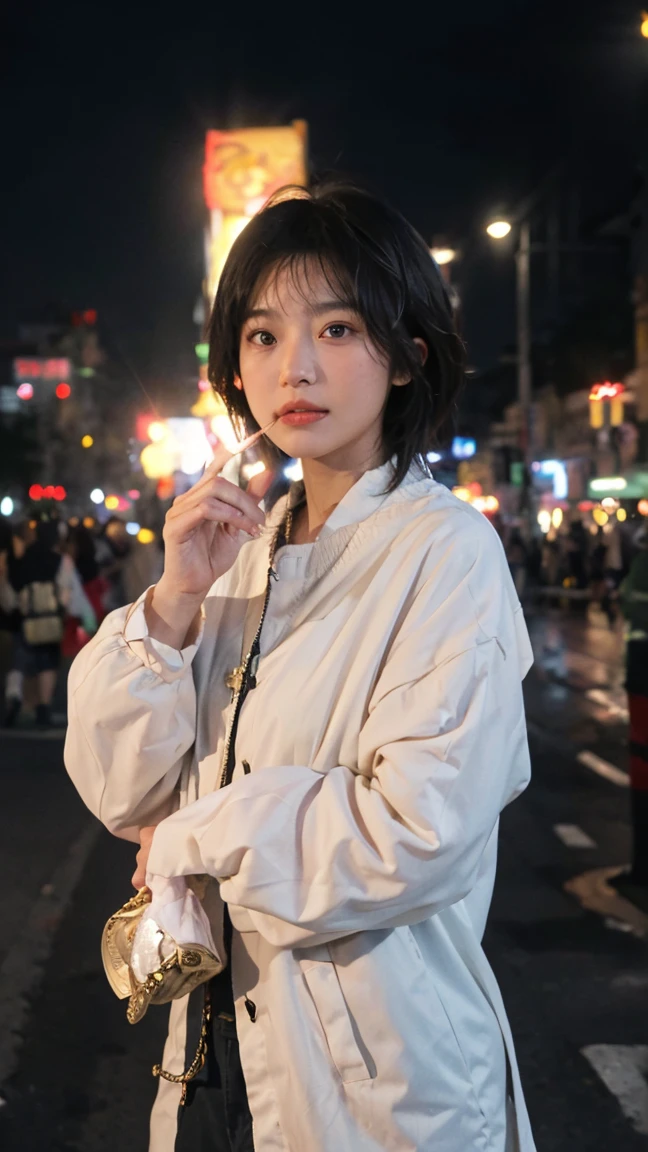(8k, highest quality, masterpiece: 1.4), Super detailed, highest quality, Ultra-high resolution, Depth of written boundary,Ultra-Realistic Capture,(Very detailed,High definition 16K), Realistic eyes, Beautiful fine details, (Realistic Skin), Golden Ratio, Delicate eyes, cute, girl, short hair, Pink Hair, Standing in the middle of the city, (Night lights:1.4), skyscraper, Mr.々A pose, Face Light(illumination), In the heart of the city, Bustling