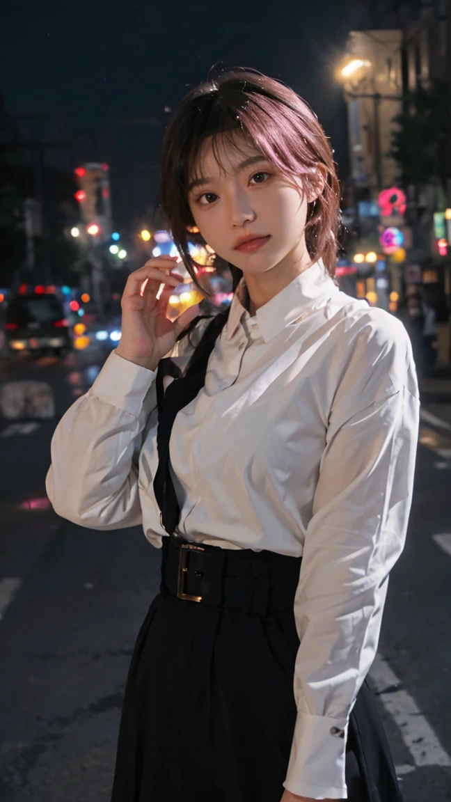 (8k, highest quality, masterpiece: 1.4), Super detailed, highest quality, Ultra-high resolution, Depth of written boundary,Ultra-Realistic Capture,(Very detailed,High definition 16K), Realistic eyes, Beautiful fine details, (Realistic Skin), Golden Ratio, Delicate eyes, cute, girl, short hair, Pink Hair, Standing in the middle of the city, (Night lights:1.4), skyscraper, Mr.々A pose, Face Light(illumination), In the heart of the city, Bustling