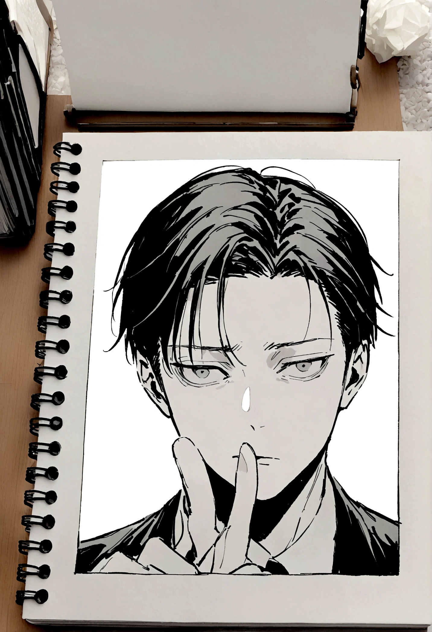 Have Levi hold an open white sketchbook and point his finger at it as if he is explaining something. Make his face face the camera, with the notebook also clear, and a window behind it. Make the sketchbook look clear, with a full, straight, straight line, or make the person appear more Levi.