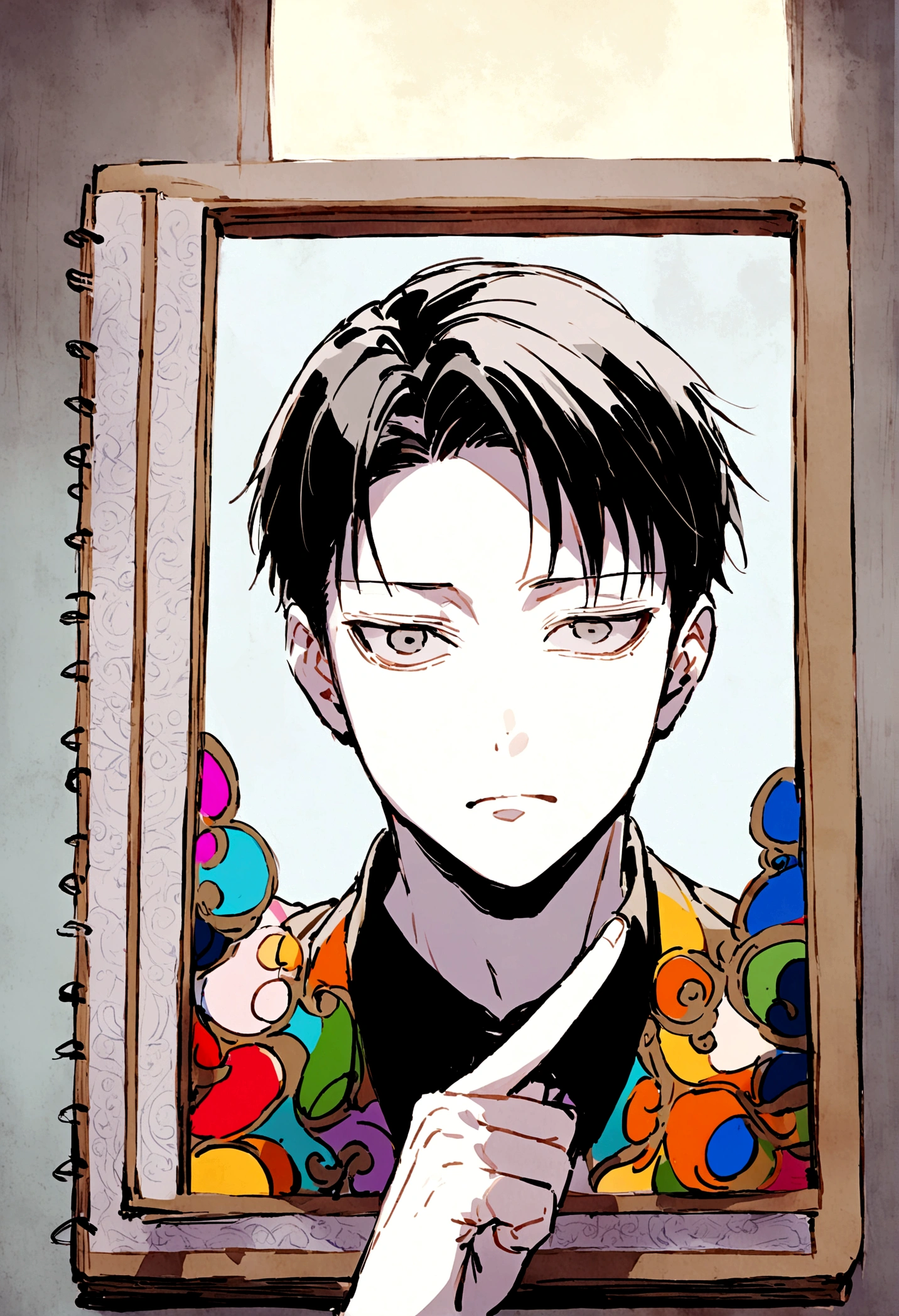Have Levi hold an open white sketchbook and point his finger at it as if he is explaining something. Make his face face the camera, with the notebook also clear, and a window behind it. Make the sketchbook look clear, with a full, straight, straight line, or make the person appear more Levi.