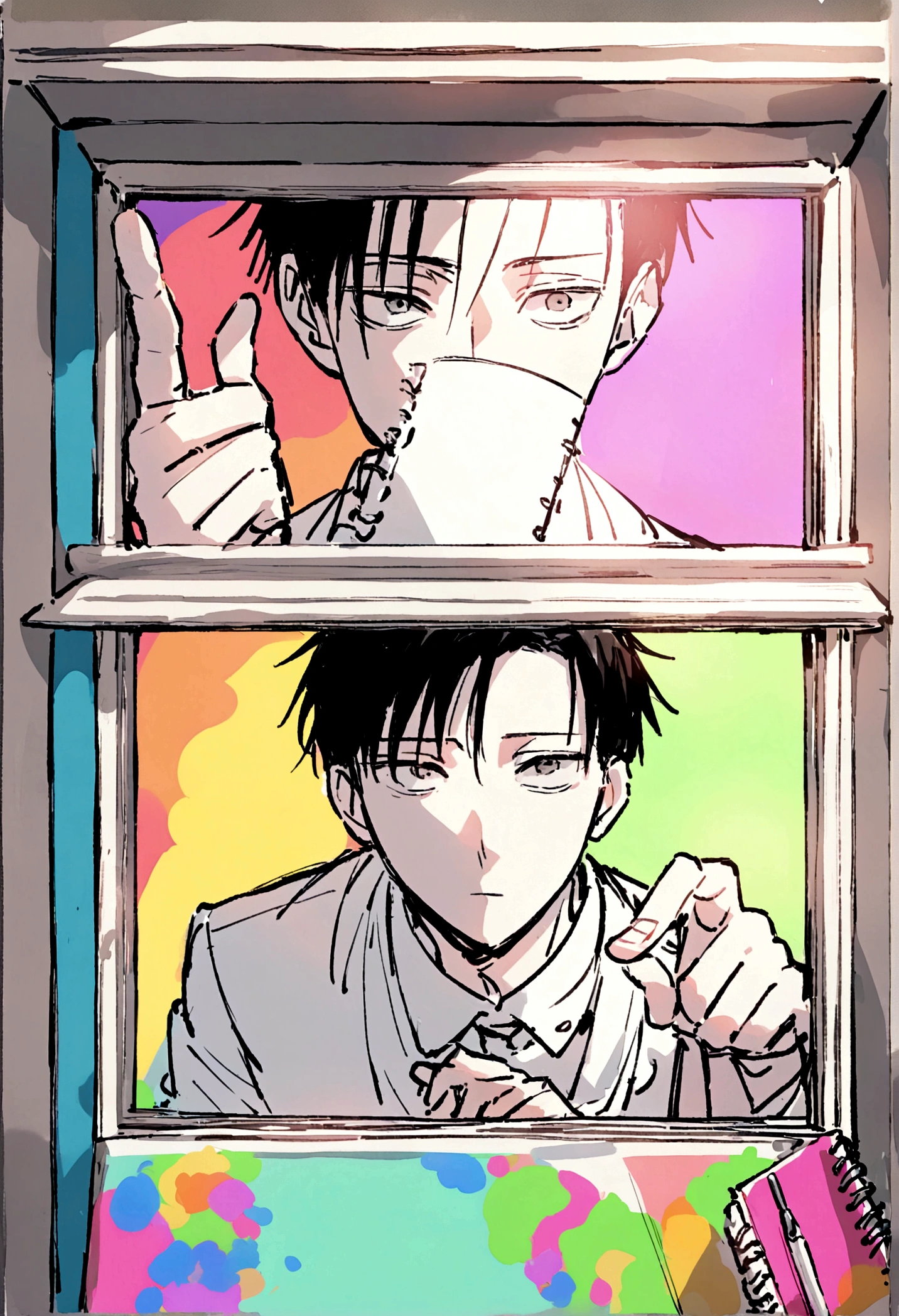 Have Levi hold an open white sketchbook and point his finger at it as if he is explaining something. Make his face face the camera, with the notebook also clear, and a window behind it. Make the sketchbook look clear, with a full, straight, straight line, or make the person appear more Levi.