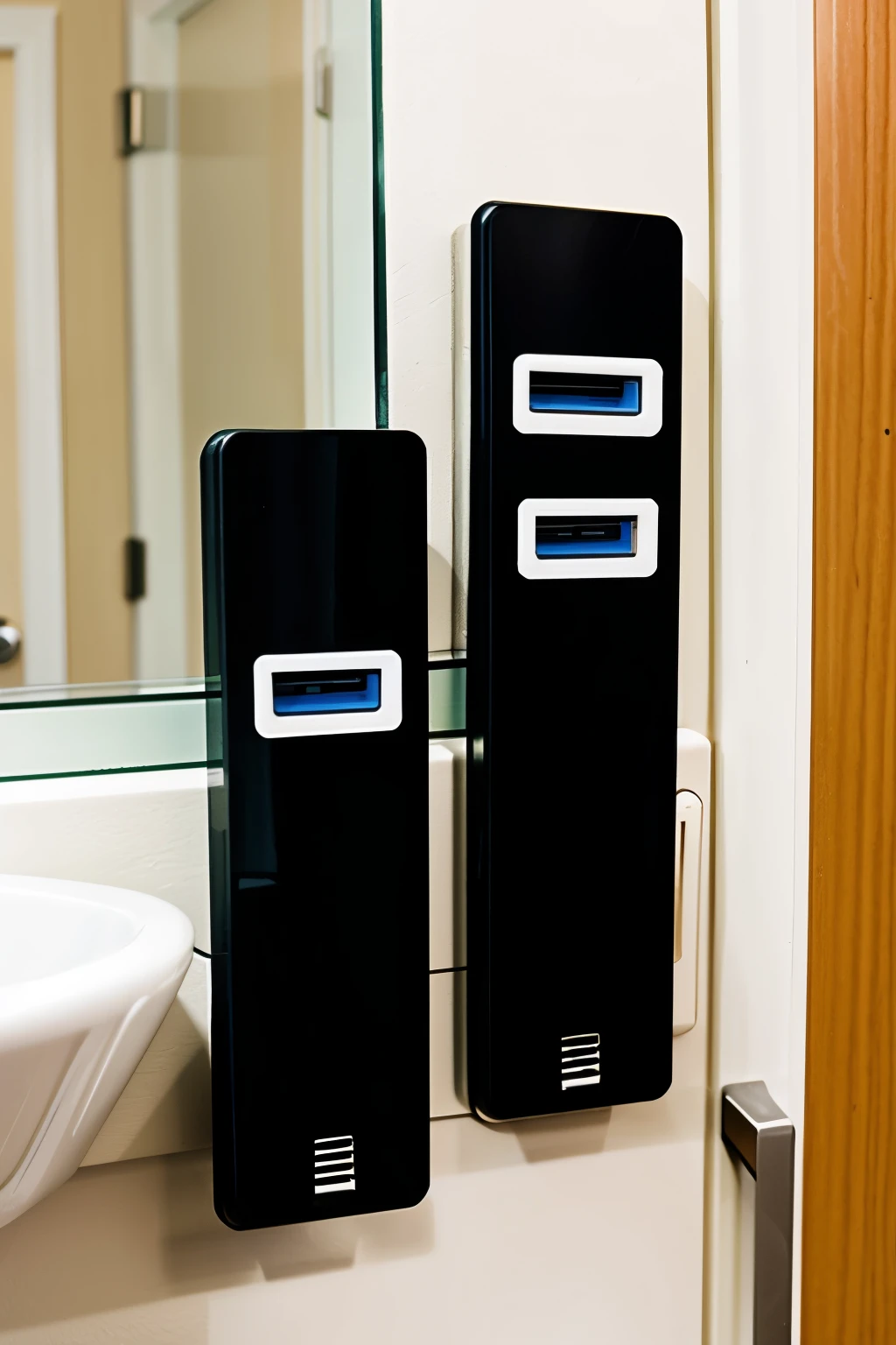 two USB sticks stuck on a bathroom door