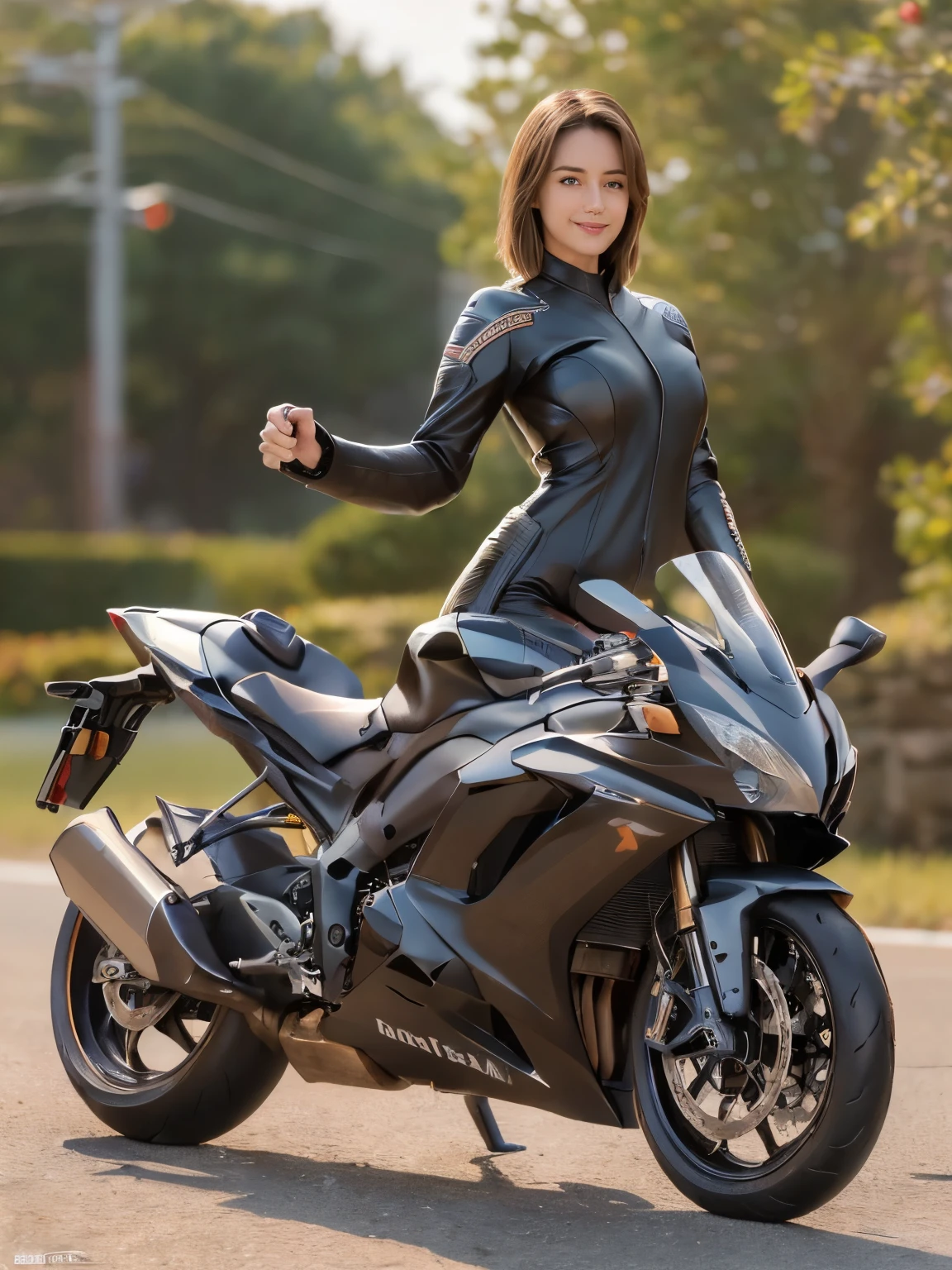 (8K, Highest quality photo quality:1.3), so beautiful, .3d, Brown Hair、Very Short Hair, blue eyes, (Abdominal muscles, Slim figure: 1.1), Sharp focus, (((Intricate details)), Beautiful and delicate lips, Beautiful and delicate nose, Beautiful and delicate face, Beautiful and delicate eyes, ((Realisticなしっとりと白い肌)), (Realistic, Realistic), Cinematic Light, Face Light, Attractive long limbs, smile, (((Detailed Motorcycle)))、(((Riding a motorcycle)))、Full Body Shot、Dark brown fitted long sleeve racing leather suit