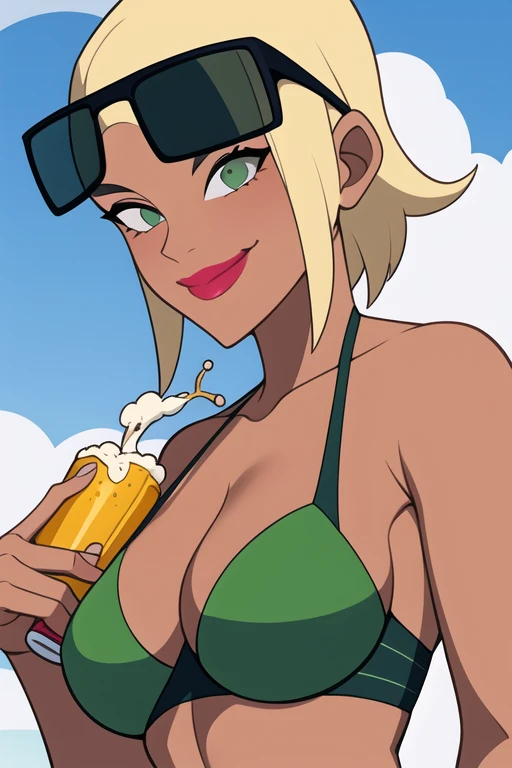 The Spectacular Spider-Man style, masterpiece, best quality, 1girl, solo, sexy, 36-years-old, tan olive skin, short blonde hair, pony tail style, emerald eyes, eyeshadow, mascara, red lipstick, ((Wearing a flossing green bikini and sunglasses)), she’s looking at the camera with a thrilled smile, ((holding a beer can in one hand)),
