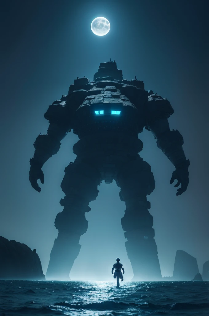 A giant bipedal stone golem walking in the oceans with a city on its back with several lights on a night with a bright moon