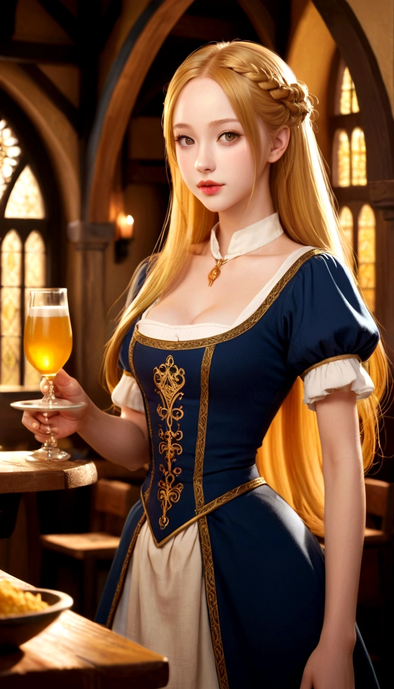 In anime style, spectacular, wonderful vision, very detailed image of a beautiful girl with a large forehead, straight golden hair, small and thick lips, medium bust, wide hips and a sculptural body, delicate, super feminine, she is in a medieval period with medieval clothes, she is a waitress in a tavern, spectacular environment