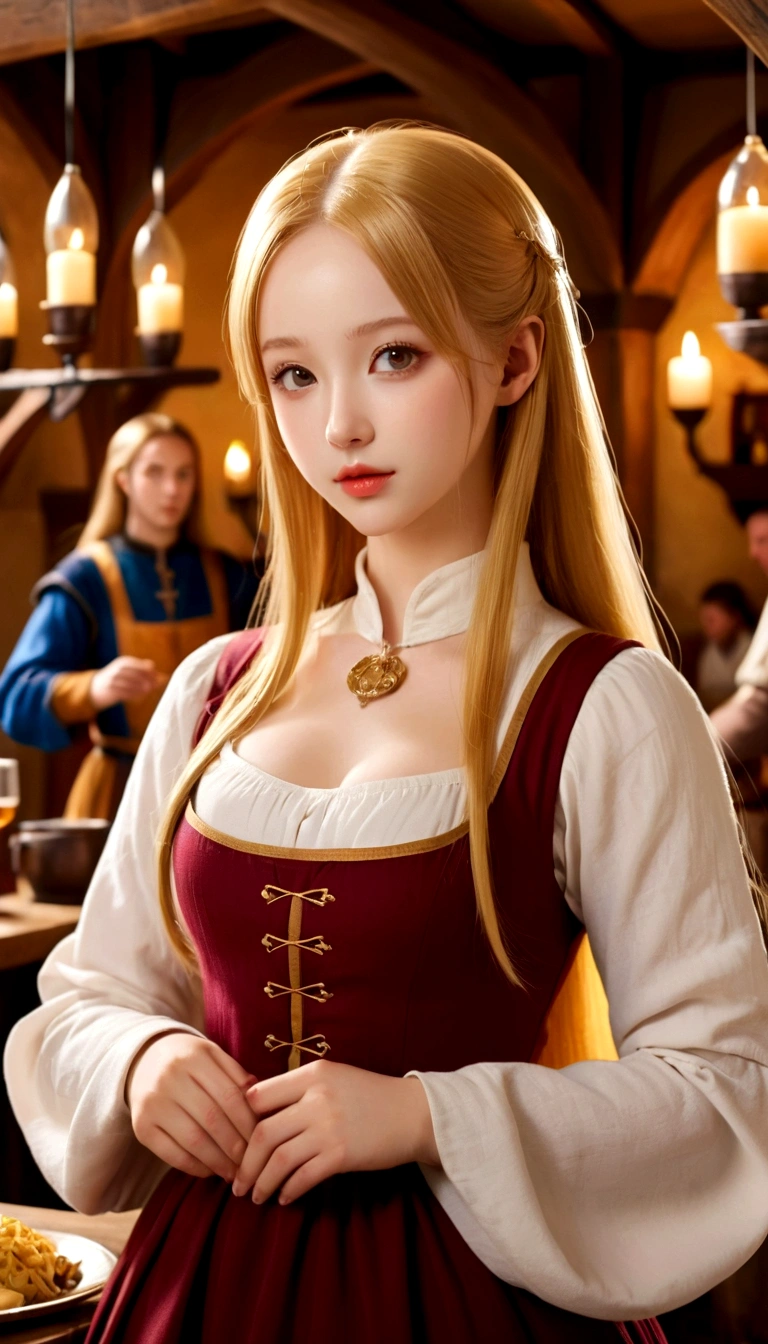 In anime style, spectacular, wonderful vision, very detailed image of a beautiful girl with a large forehead, straight golden hair, small and thick lips, medium bust, wide hips and a sculptural body, delicate, super feminine, she is in a medieval period with medieval clothes, she is a waitress in a tavern, spectacular environment