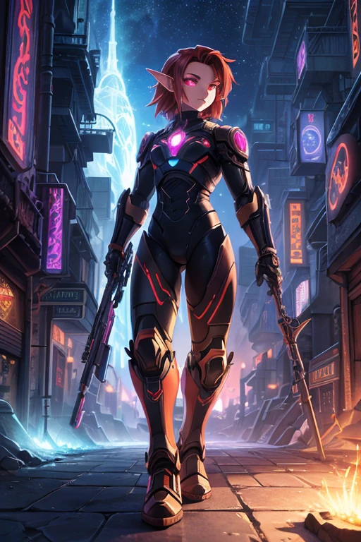 Niji mode. Full body, elf wizard, secret agent, wearing a fine and elegant suit, holding a shotgun glowing magic carvings and long handle, technological boot with glowing magic circuits, ruby eyes, dark red hair, orange skin, glowing red tattoos, ruby piercings, looking at the viewer, detailed face. Atompunk, android, cyborg, mechanical parts with magic stones, magic glowing eyes, advanced technology mixed with magic, magic circuits, gears made of magic materials, developed by Technological Magic. Walking in the middle of a magical atompunk metropolis mixing technology and vegetation, particle effects, wide and deep scenery, with multiple planes of depth, cinematic and dynamic scene with a sense of movement, view of magical bright lights reflecting the scene, stylish pose, aura lights, glowing technological cables, epic atmosphere, magic tools, old anime style, Studio ghibli, metal hurlant, artbook, RPG fantasy.