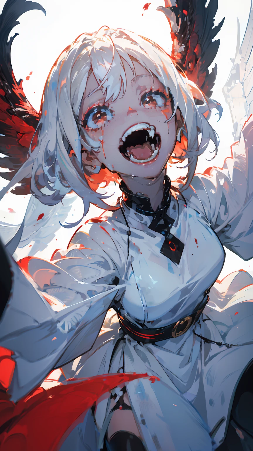 (woman\(A blood-red, dark angel halo is on his head., Angel Girl,Pure white hair,Red eyes, Pure white skin, White costume,The girl is laughing wildly with her mouth wide open,Eyes with dilated pupils,Scary,A large amount of dark red liquid drips from the mouth and eyes.,Crazy smile,Monster,Monster mouth,\) pure white world、Looking up at me,Attacking pose,Bleeding Wings (I&#39;m in the beautiful outdoors, Monster tentacles,Horror, mysterious,Blood Monster (Spooky background),quality\(8K,非常に精細なCGユニットのwallpaper, masterpiece,High resolution,top-quality,top-quality real texture skin,Surreal,Increase the resolution,RAW Photos,最高quality,Very detailed,wallpaper,Cinema Lighting,Ray-tracing,Golden Ratio\),Long Shot,Overall, it looks ephemeral.,The depiction range is from the waist up,qualityの高い顔の描写,High-resolution facial depiction,ephemeral,Low saturation,***********,1 person