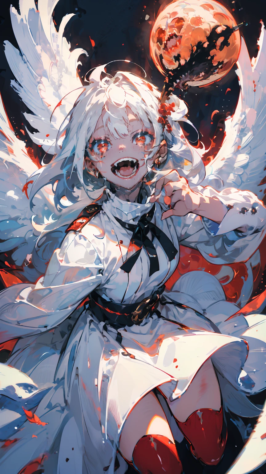 (woman\(A blood-red, dark angel halo is on his head., Angel Girl,Pure white hair,Red eyes, Pure white skin, White costume,The girl is laughing wildly with her mouth wide open,Eyes with dilated pupils,Scary,A large amount of dark red liquid drips from the mouth and eyes.,Crazy smile,Monster,Monster mouth,\) pure white world、Looking up at me,Attacking pose,Bleeding Wings (I&#39;m in the beautiful outdoors, Monster tentacles,Horror, mysterious,Blood Monster (Spooky background),quality\(8K,非常に精細なCGユニットのwallpaper, masterpiece,High resolution,top-quality,top-quality real texture skin,Surreal,Increase the resolution,RAW Photos,最高quality,Very detailed,wallpaper,Cinema Lighting,Ray-tracing,Golden Ratio\),Long Shot,Overall, it looks ephemeral.,The depiction range is from the waist up,qualityの高い顔の描写,High-resolution facial depiction,ephemeral,Low saturation,***********,1 person