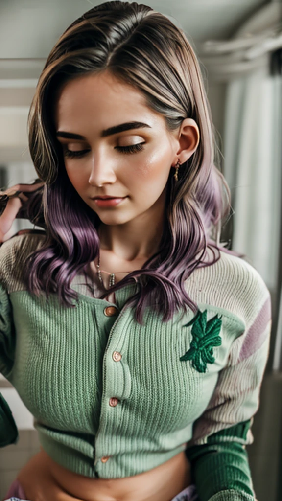 a young girl, big green eyes, round face, small nose, big lips, long purple hair, long eyelashes, pale skin, red cheeks, split chin, Green plaid skirt, long-sleeved white blouse, high socks, school shoes, in class room, in school, more students in class room, naughty face, f/16, Canon, from below, Fujicolor, ray tracing, from above, social media composition, 16k, 8k, highres, best quality, award winning, high quality, high details, super detail, textured skin, anatomically correct, masterpiece, accurate