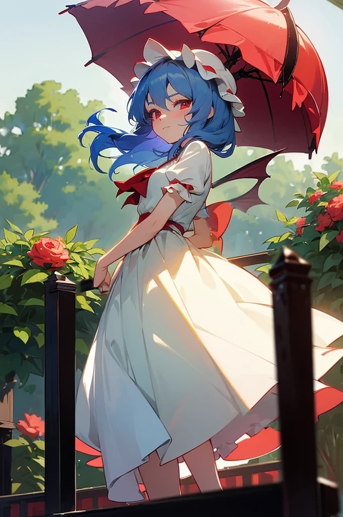 Remilia Scarlet (Touhou). In garden green, Walking wing white vintage umbrella. look at viewer. Cute face. blue hair. red eyes, long eyelashes. vintage white dress. fine Detail, masterpiece, top quality, official art, extremely detailed CG unity 8k wallpaper, cinematic lighting, (perfect shiny skin:0.6), slim and smooth lines, (floating),