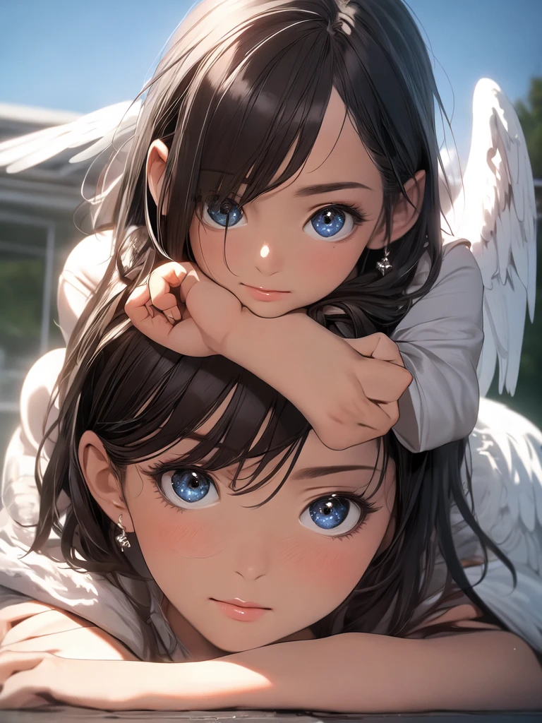 best quality, masterpiece, ultra high res, (photorealistic:1.4), RAW photo, Big beautiful eyes, Perfect Face, Angel's Smile, masterpiece, One girl, Shortcuts, Medium chest, Olympic Swimmer, (one piece, turtleneck,No sleeve), Transparent and clear sapphire glass swimsuit, tight high leg swimsuit, ((Shooting from below, looking up)), Portrait, View your viewers, Outdoor swimming pool, Partially submerged, Wet Skin, Intricate details,