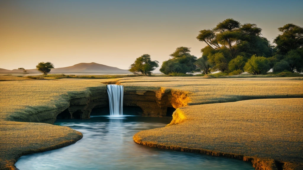 IN FRONT OF A WATER WELL, woman long hair, OUT OF THIS WORLD LANDSCAPE WHITE IVORY TOWERS CXOM GOLD