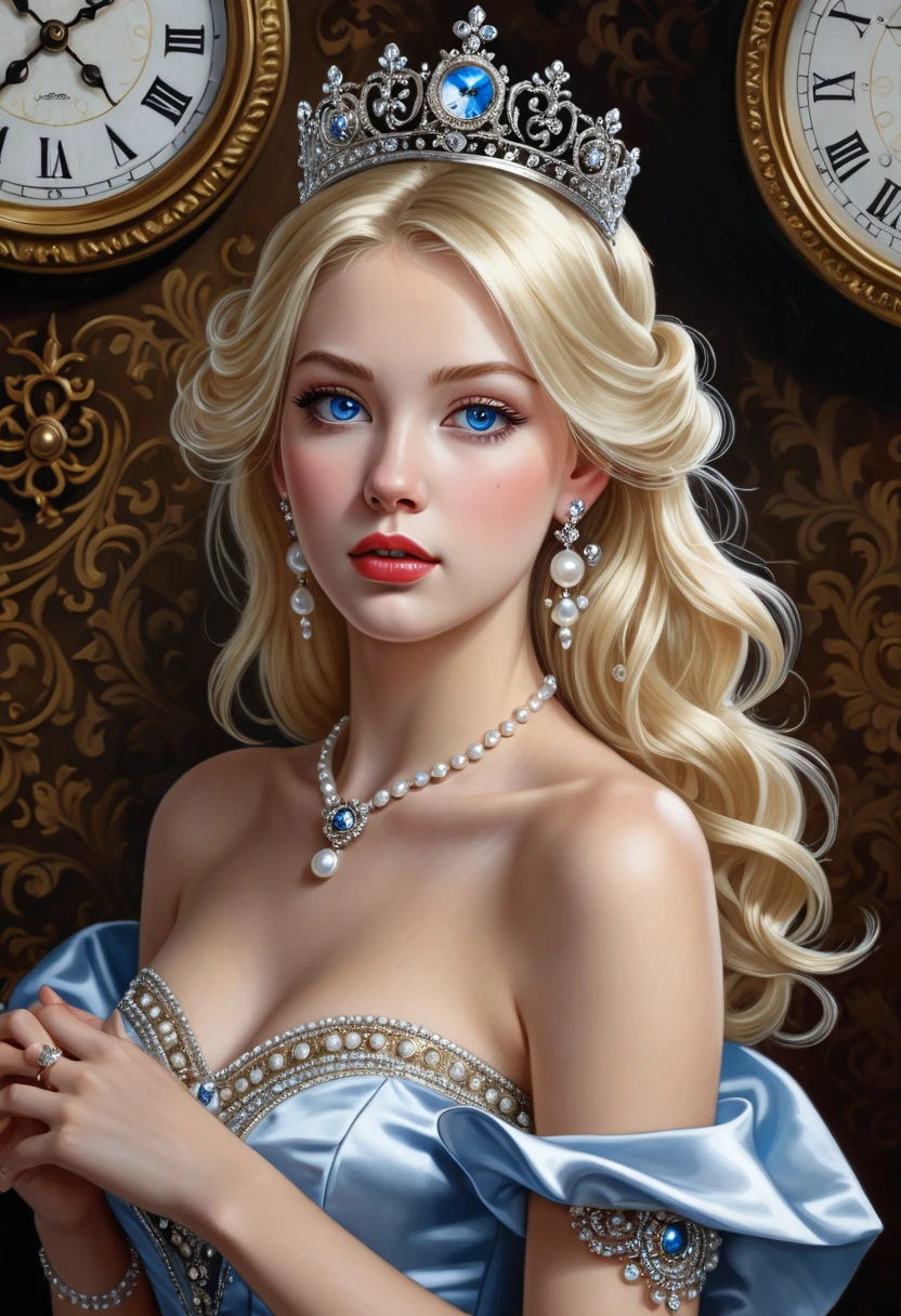 painting of a woman in a dress with a clock in the background, ultra realistic fantasy tiara, blond hair blue eyes, girl with a pearl earringl, high detailed), black elegant hair, angelawhite,  girl, gorgeous highly detailed face, painted in high resolution, in style of ultra realistic, female calendar, twist of time, hd realistic