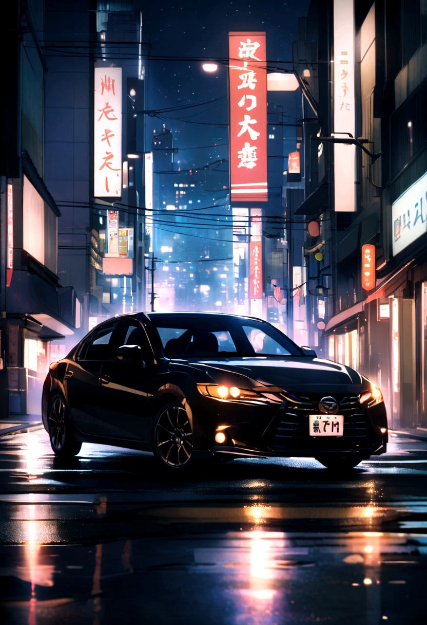 Car parked in downtown Tokyo at night