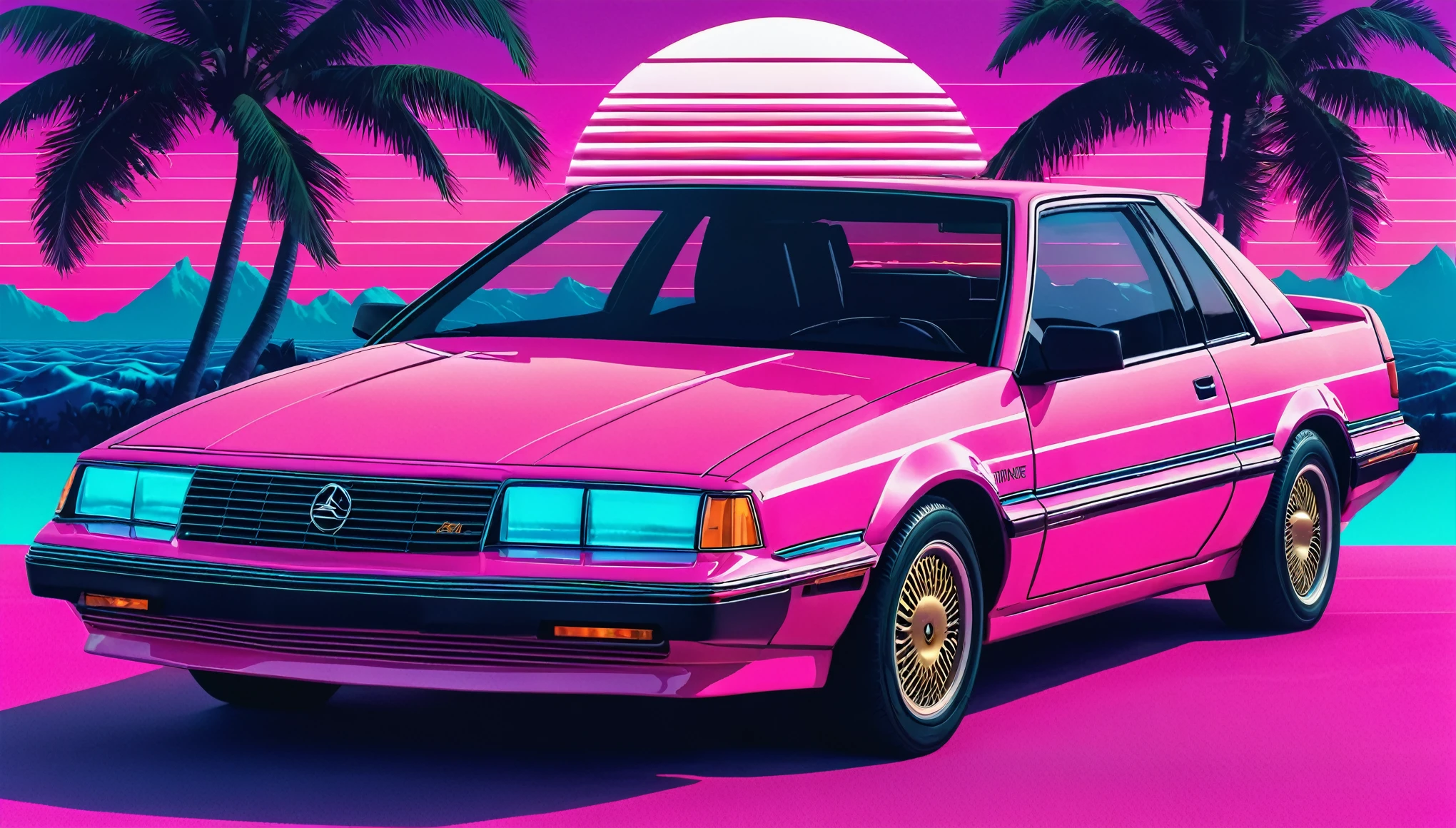 (Vaporwave Aesthetic:1.8), Beautiful vaporwave aesthetics in artwork, 80s, Miami 1985 synthwave car
