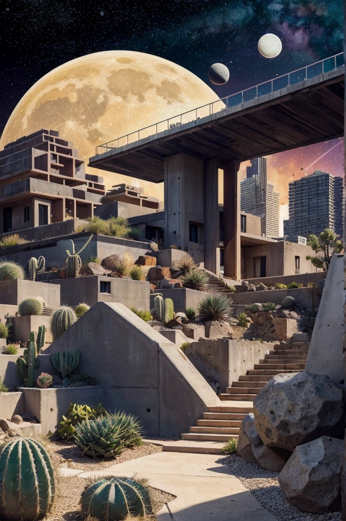 An illustration in collage style, with giant boulders, brutalist building sections, terraces, stairs, cacti, agave, concrete texture, multiple geometric shapes, hatch and cross hatching, planet saturn, volcano, moon, Luis Barragán's architectural style build, milky way galaxy, violet and orange