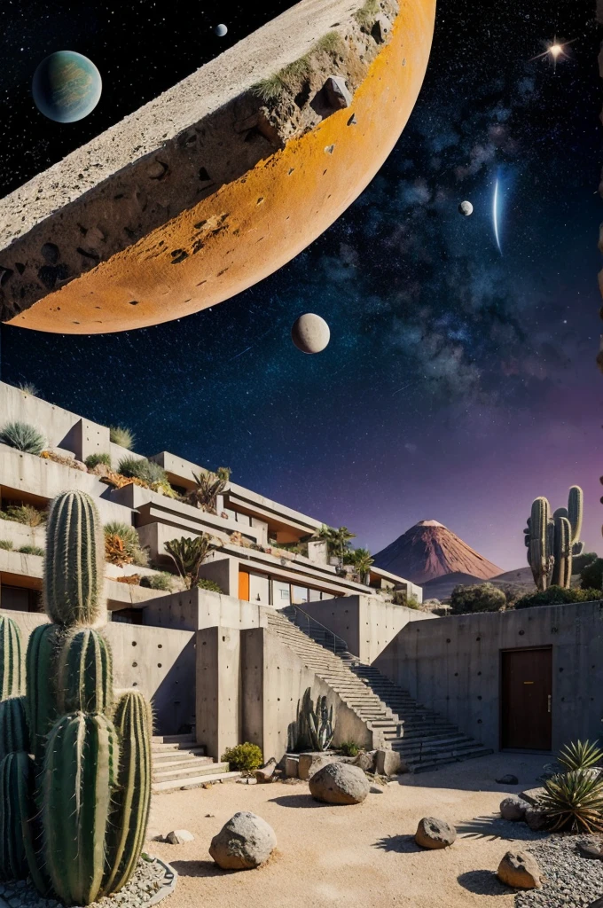 An illustration in collage style, with giant boulders, brutalist building sections, terraces, stairs, cacti, agave, concrete texture, multiple geometric shapes, hatch and cross hatching, planet saturn, volcano, moon, Luis Barragán's architectural style build, milky way galaxy, violet and orange