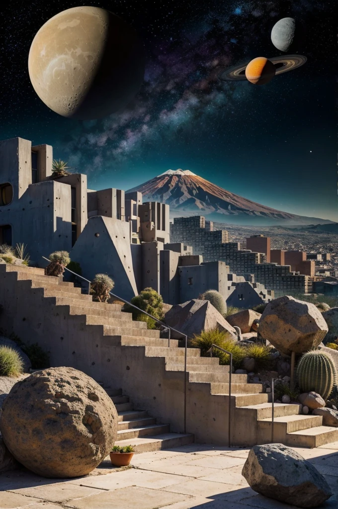 An illustration in collage style, with giant boulders, brutalist building sections, terraces, stairs, cacti, agave, concrete texture, multiple geometric shapes, hatch and cross hatching, planet saturn, volcano, moon, Luis Barragán's architectural style build, milky way galaxy, violet and orange