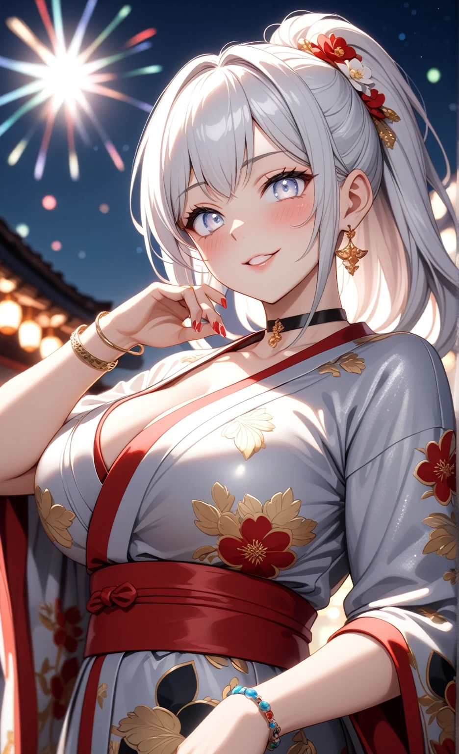 ((one personの女性)), Beautiful Face,Laughing shyly,((wink:2.0)),Laugh with your mouth wide open((Bright red cheeks:1.4)),Glossy pink lips,night,rooftop,Festive decorations,You can see the ocean, firework,Laughing with your mouth open,Glossy pink lips,Lighting on the face,((Anime style background)),masterpiece, Highest quality, so beautiful,Latest, complex details, (Pink long nails),(ring),(bracelet),(choker),AI-generated, complex,High resolution, Highest quality, super high quality,3D Images、View your viewers、3D Images,one person,Long white hair,High Ponytail,(blue eyes),Anime woman posing for a photo, ((Fine grain、Silvery white colorful eyes、Shining Eyes:1.4)),(Squint your eyes:1.1),a hyperRealistic , hyperRealistic , Realistic,Anime woman with long and white hair, Smooth anime CG art, A woman in a colorful kimono with gold embroidery, (Black long sleeve kimono),Red floral pattern,Long flower hair ornament,Big earrings,Mature Body,(Big Breasts:1.1),Tall,Abdominal muscles,Narrow waist,(Zoom in on face:1.8),Shooting from below at an angle