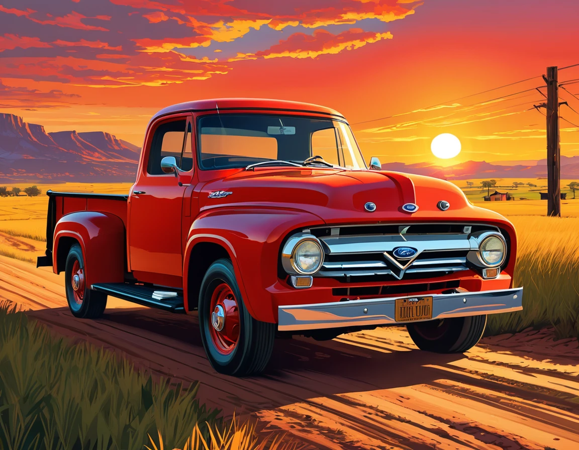 stylized digital art featuring a vintage red Ford T parked by a dusty dirt road through a field during sunset. The sky is painted in warm shades of orange, yellow and red, with the sun low on the horizon. The car is portrayed from the corner, with its shiny red bodywork. Its wheels are classic, with a white stripe, rubberized tire and shiny metal rim that reflects the light of the setting sun. The car's headlights are on. The field is filled with tall grass that sways in the wind. The grass is represented in shades of green and brown, with some lighter areas, which could be an artistic choice to emphasize the intensity of the scene. The overall art style is reminiscent of comic book art, with bold lines and a limited color palette that enhance the dramatic effect of the scene. Art by Dechko Uzunov, highly detailed vector art, Red Dead Redemption art style, at sunset, comic book art, digital Ford T, Martin Ansin, by Evan Charlton, sunset!, by Eddie Mendoza, sunset illustration sun, featured art, digital colorful illustration, (masterpiece), best quality
