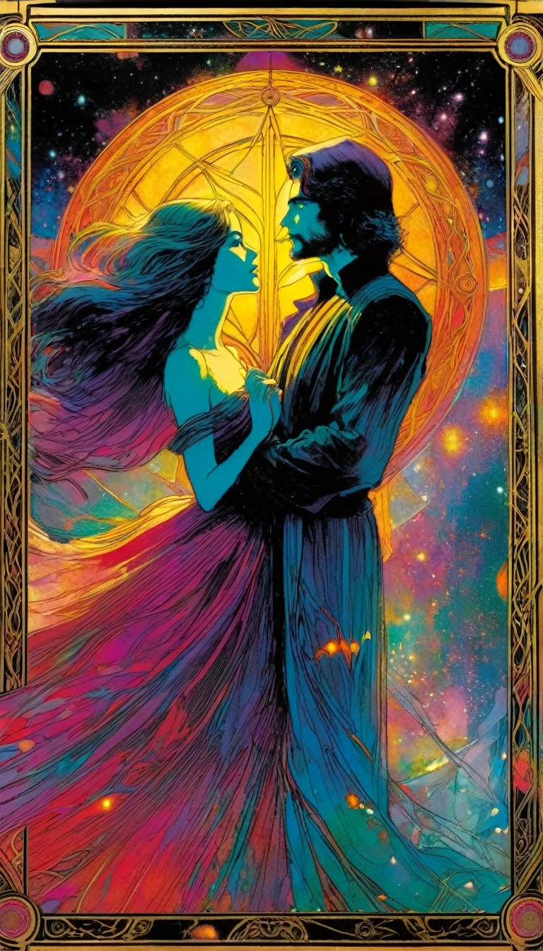 ((tarot card)) ((card frame)), THE LOVERS, artwork artwork by Bill Sienkiewicz, vivid colors, intricate details, oil.
