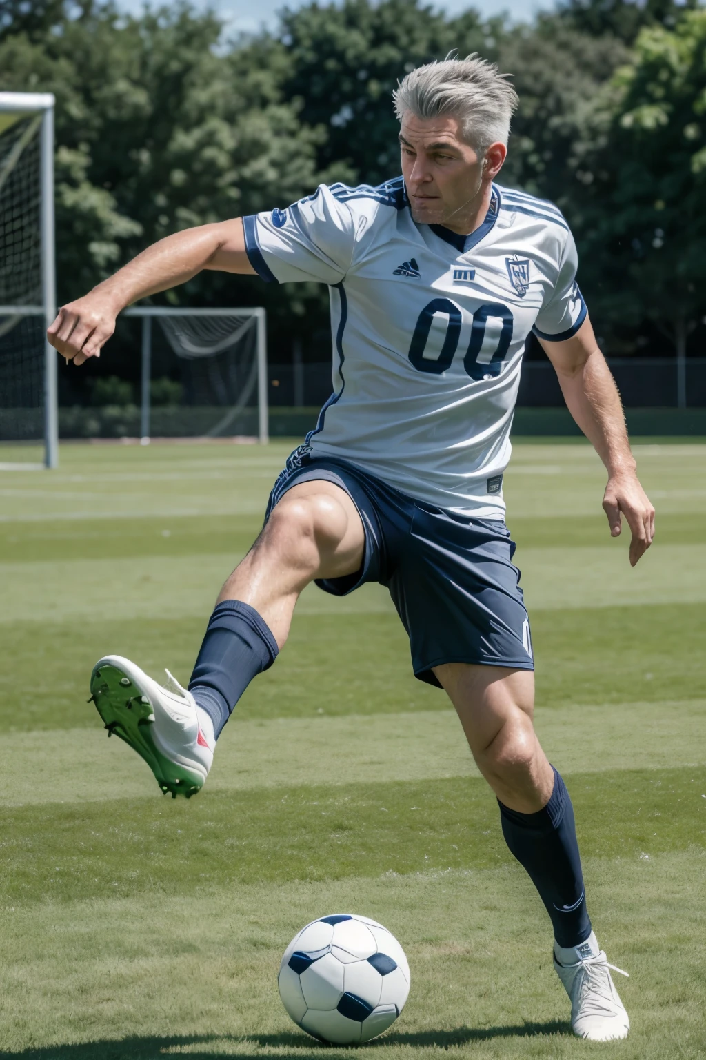 middle aged football player with gray hair kicking the ball on the lawn