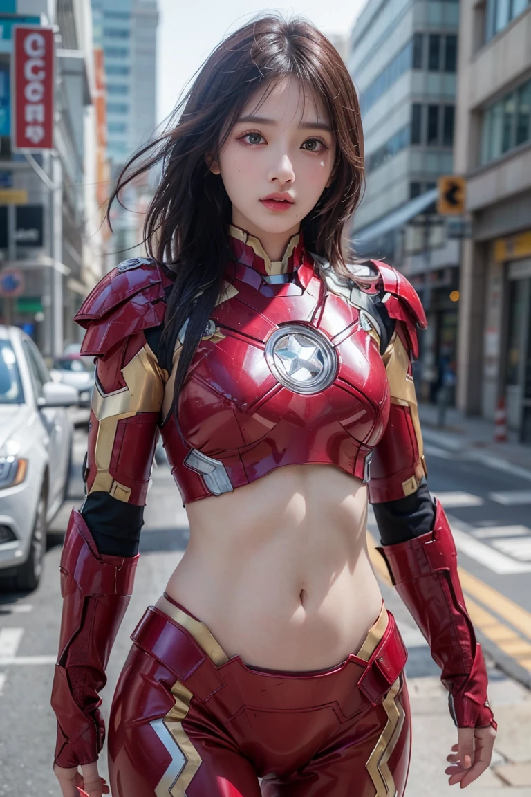 A girl wearing Iron Man armor，Exposing sexy belly,((cowboy shot))，Looking at the camera，Detailed facial features, beautiful eyes, Lips, and long eyelashes, Reality, 8K， Very detailed, Studio Lighting, Dramatic Lighting, Vibrant colors, work, City Streets，The abdomen is open，Showing belly，Sexy abdominal muscles