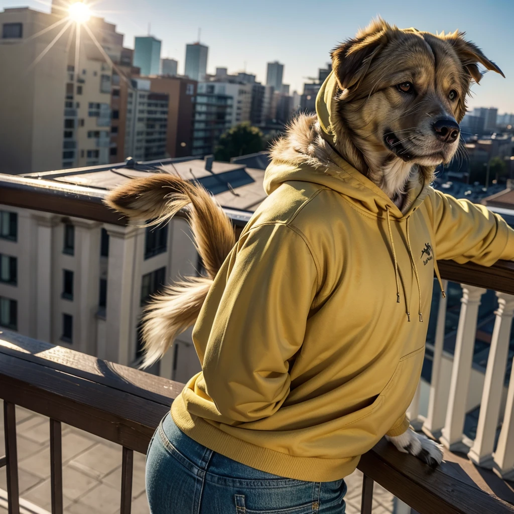 bird dog, canid, canine, canis, domestic dog, golden retriever, hunting dog, mammal, retriever, anthro, city, clothing, floppy ears, fur, green eyes, hoodie, male, tight pants, scarf, overweight, solo, topwear, wristband, yellow body, yellow fur, arms over balcony, pondering, looking at sky, leaning towards balcony, clear sky, sun ray, on top of a building, arms on railing, presenting hindquarters, big butt, facing away from viewer, low angle view, butt pov, butt focus, close-up