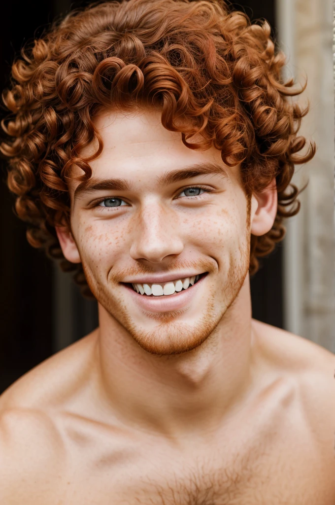 young man with curly natural red hair. he has freckles and brown eyes. he has a big smile