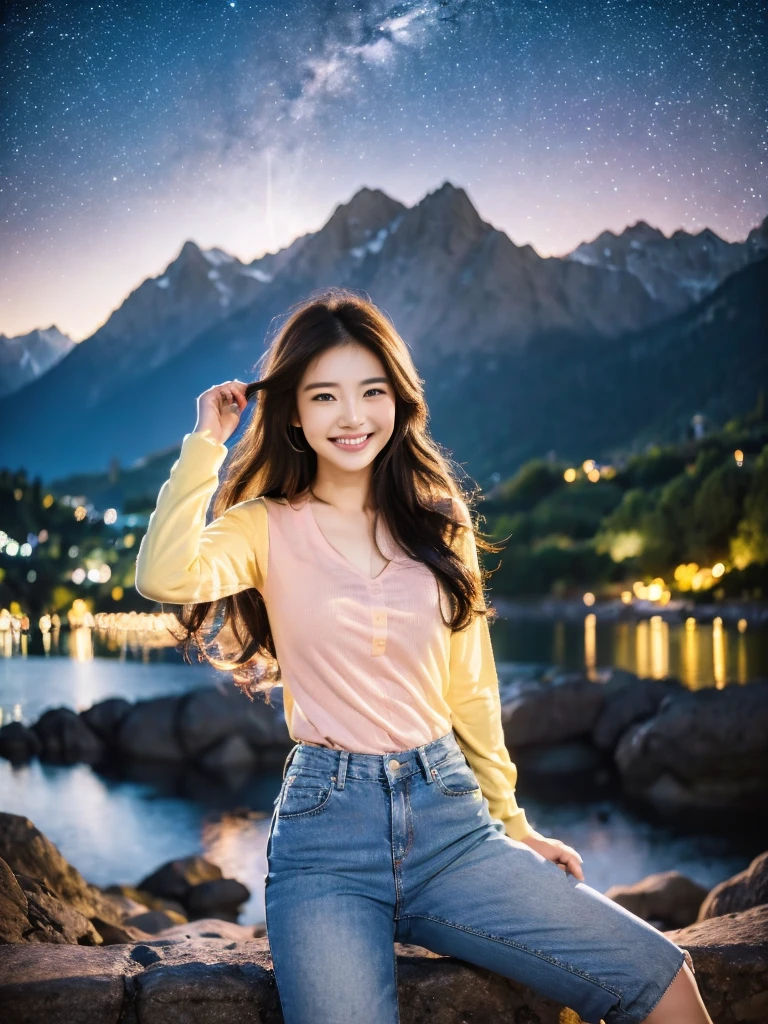 a beautiful Korean woman in a yellow knit shirt, blue jeans, smiling sweetly, expressing happiness on a very starry night. Big pink moon behind the mountains. The calm lake reflects the night. realistic scene, detail, Photorealism, 8k