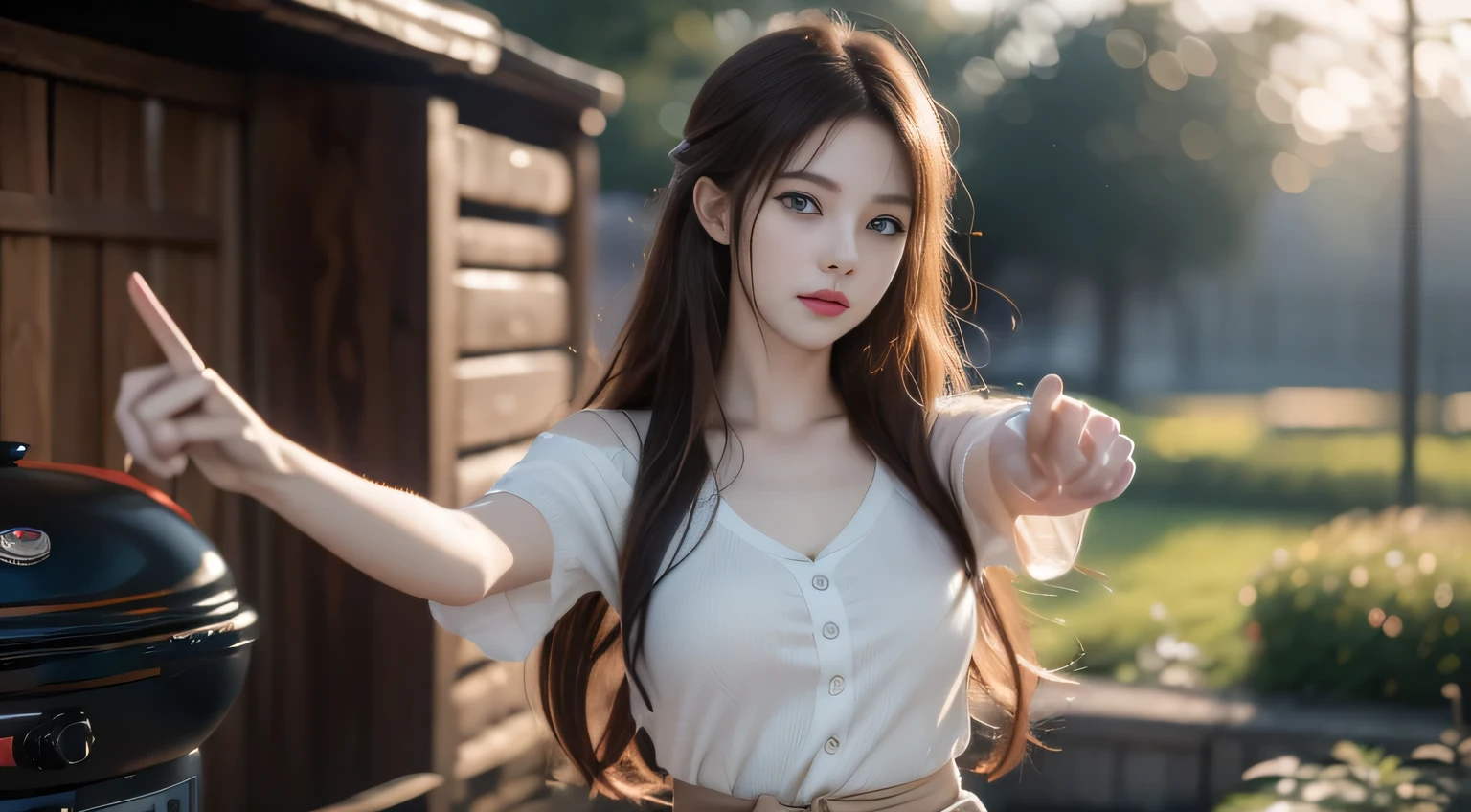 Hair shaking, victory, Long eyelashes, Three-dimensional round eyes, A faint smile, Red ears, direction, Surrealism, shadow, comfort, Stereogram, Tai Chi E, view, Atmospheric perspective, 8K, Super Detail, precise, best quality，(Blue eyed anime girl pointing with finger:1.1), Gu Weiss, (best quality,4K,Barbecue sauce wallpaper:1.2), (anime style artwork:1.1), Popular on ArtStation and Pixiv, from "Girls Frontline", (4k anime wallpaper:1.1), (4k anime wallpaper:1.1), (4k anime wallpaper:1.1), (Gu Weiss style artwork:1.1)
